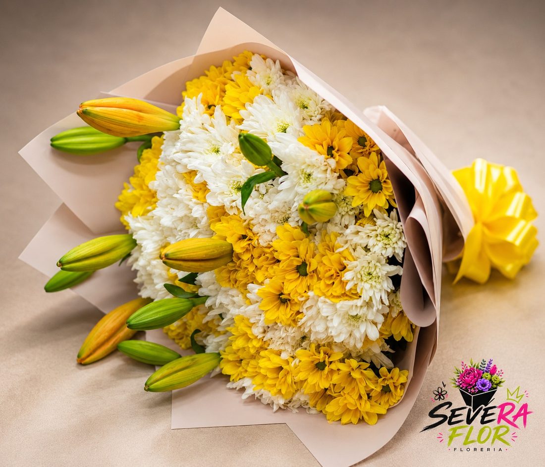 Amarillo Feliz: Lirios y pompones amarillos. Flores para Amor y Amistad en Bogota, Severa Flor