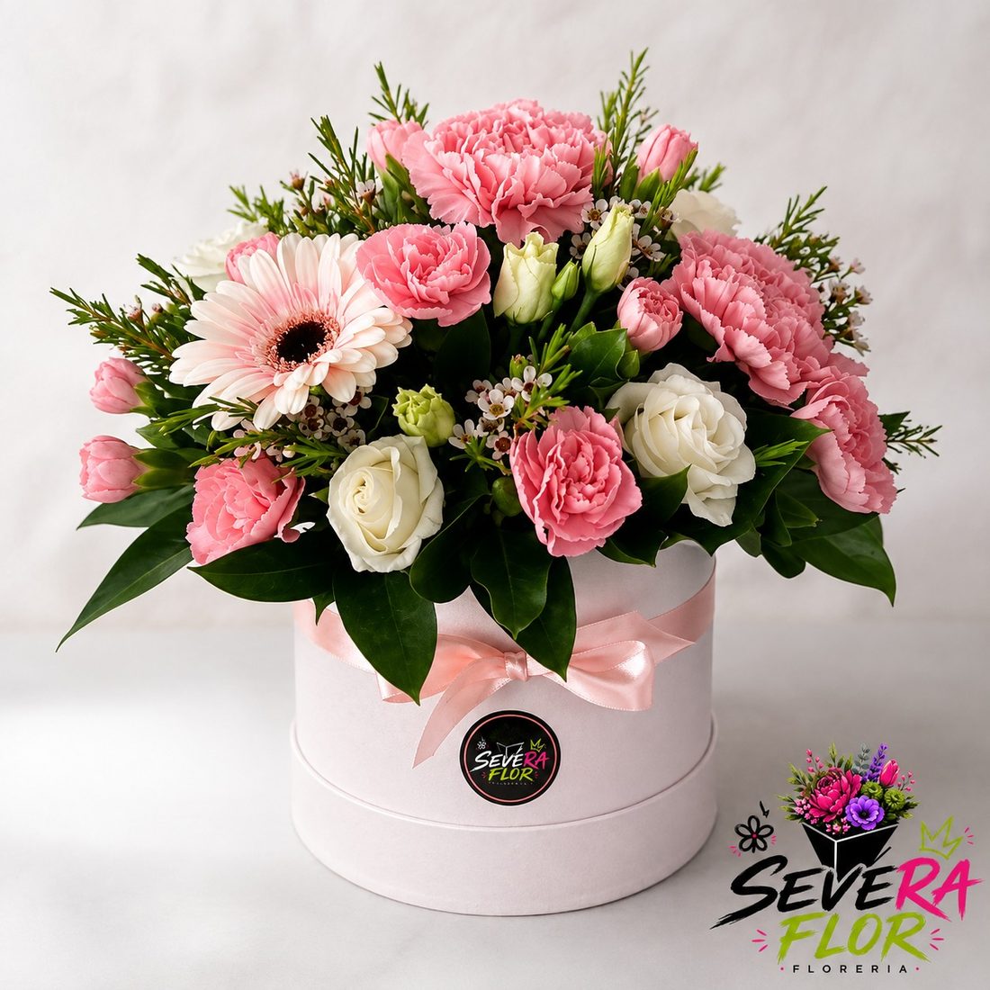 Caja Severa: Caja rosada con gerberas, rosas y lisianthus. Flores para Amor y Amistad en Bogota, Severa Flor