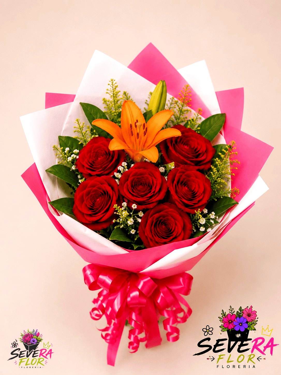 Severo Rojo: Rosas rojas y lirio naranja, envoltura fucsia. Ramos y Buquets Severa Flor Bogotá