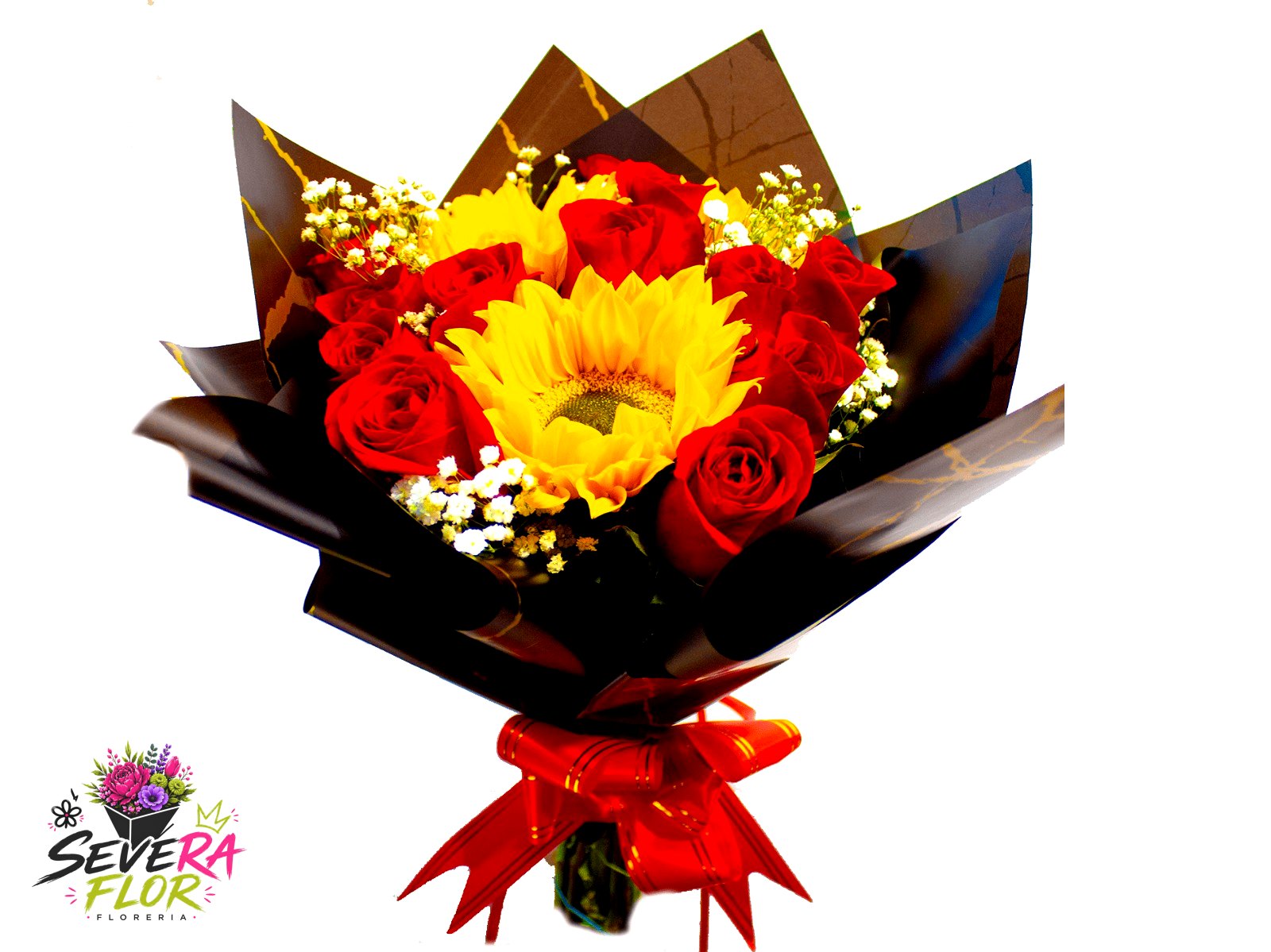 Severo Sol: Rosas rojas y girasol, envoltura oscura con actitud. Ramos y Buquets Severa Flor Bogotá