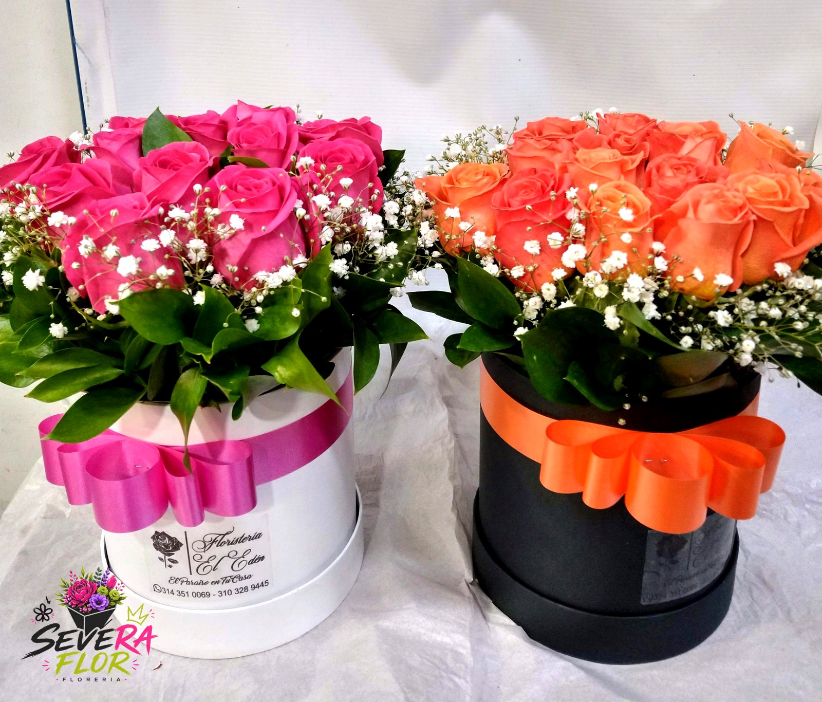 Dúo Perfecto: Par de cajas en rosa y naranja, para sorprender doble. Cajas Florales Severa Flor Bogotá