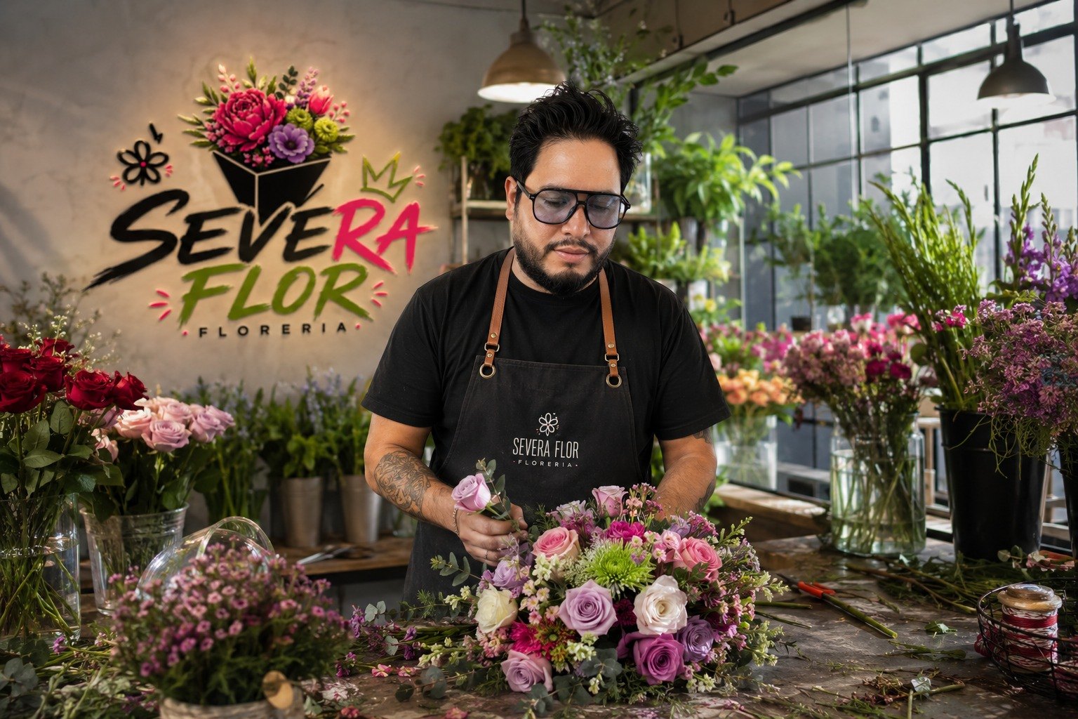 El floristero de Severa Flor armando un ramo para Amor y Amistad en la floristeria en Bogota